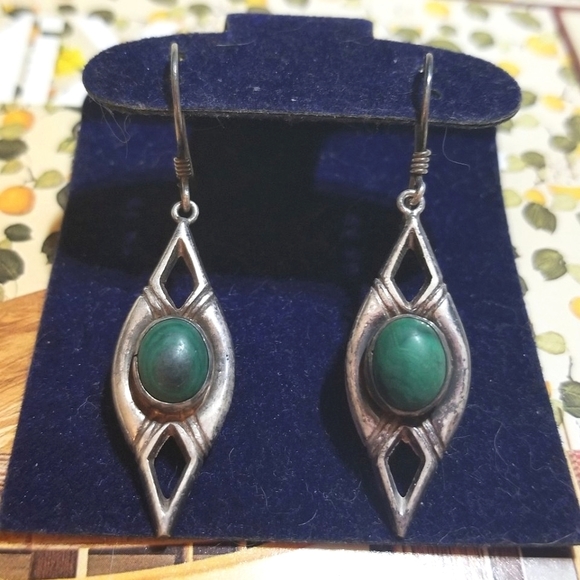 Vintage Jewelry - VTG Artisan 1960s Sterling Malachite Dangling Earrings